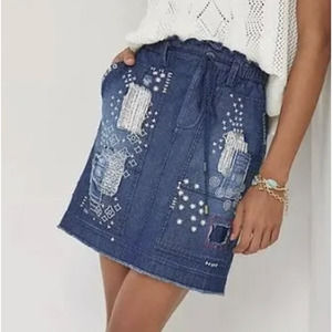 Anthropologie PILCRO Denim Patchwork Embroidered Jean Skirt | XS NEW!